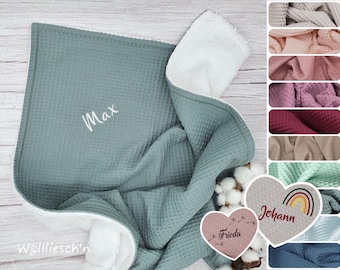 Teddyplüsch & Waffelpiqué Babydecke aus 100% Baumwolle mit Name personalisierbar | Kuscheldecke | Geschenk zur Geburt | Wafflepiqué | Winter