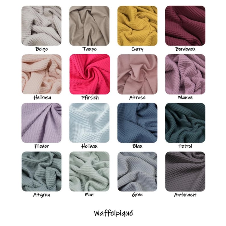 May include: A grid of sixteen fabric swatches featuring a waffle pique texture in various colors including beige, taupe, curry, bordeaux, light pink, peach, dusty rose, mauve, lilac, light blue, blue, petrol, sage, mint, gray, and anthracite.