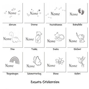 Zusatz- Stickerei Sterne, Herzen, Pusteblumen, Babyfüße, Regenbogen, Dino, Teddy, Fuchs, Elefant, Regenbogen, Schmetterling, Biene, Kolibri