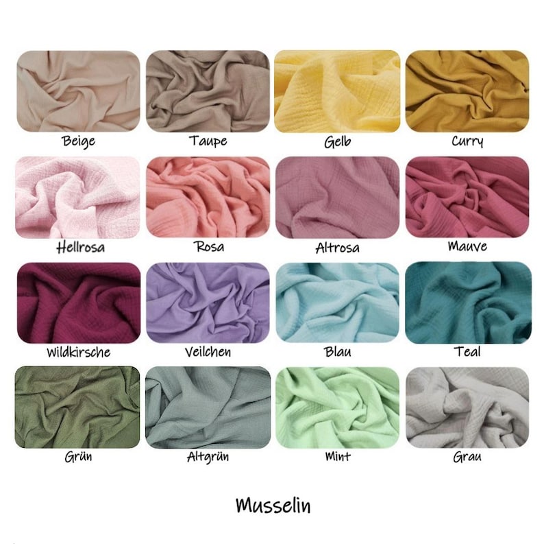 Puede incluir: Una paleta de muestras de tela de muselina en varios tonos, incluyendo beige, taupe, amarillo, rosa, morado, azul, verde y gris. Cada muestra est&aacute; etiquetada con su nombre de color, con la palabra "Musselin" en la parte inferior.