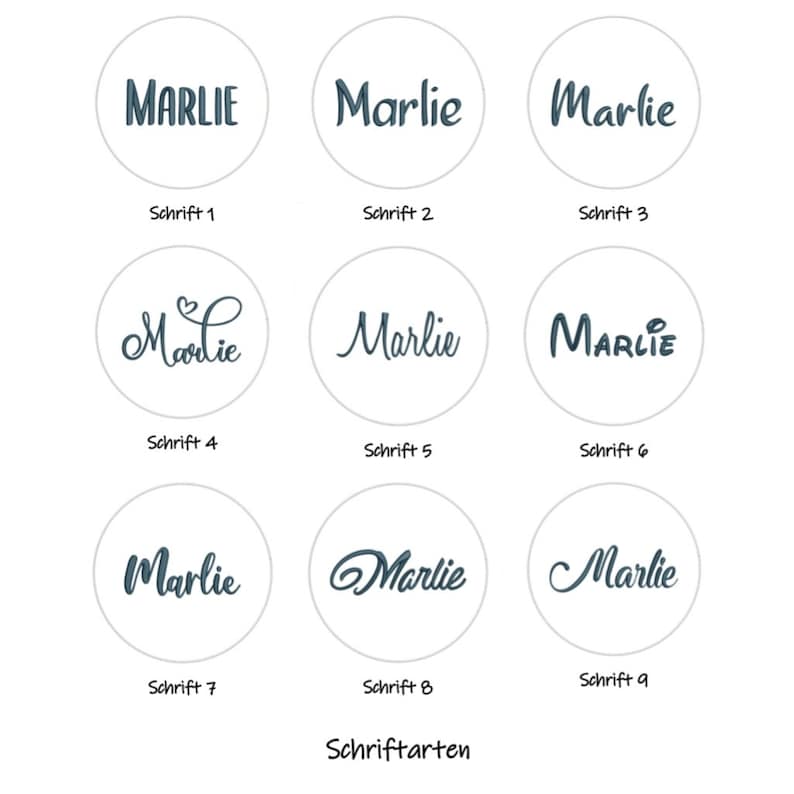 Puede incluir: Nueve estilos de fuente diferentes del nombre "Marlie" se muestran en una cuadr&iacute;cula. Cada nombre est&aacute; en un c&iacute;rculo blanco con una fuente de color verde azulado oscuro. El texto "Schriftarten" est&aacute; debajo.