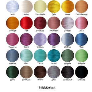 Puede incluir: Una carta de colores de hilo de bordar en una variedad de tonos. La carta incluye colores como blanco, amarillo, naranja, rojo, rosa, morado, azul, verde, marr&oacute;n, gris y negro. El texto "Stickfarben" est&aacute; en la parte inferior.
