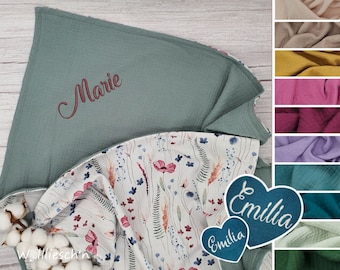Personalized 100% cotton baby blanket with name | Muslin | Many designs & colors | Cuddly blanket | Baby shower gift