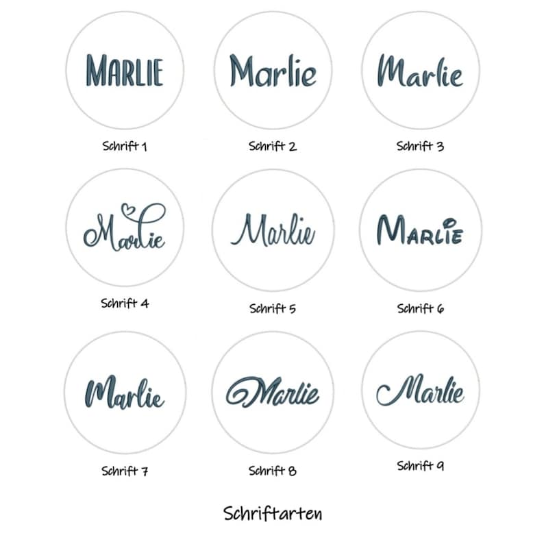 May include: A grid of nine circular icons, each displaying the name Marlie in a different dark blue font style. Below each circle, the text is labeled from Schrift 1 to Schrift 9, with the word Schriftarten centered at the bottom of the image.