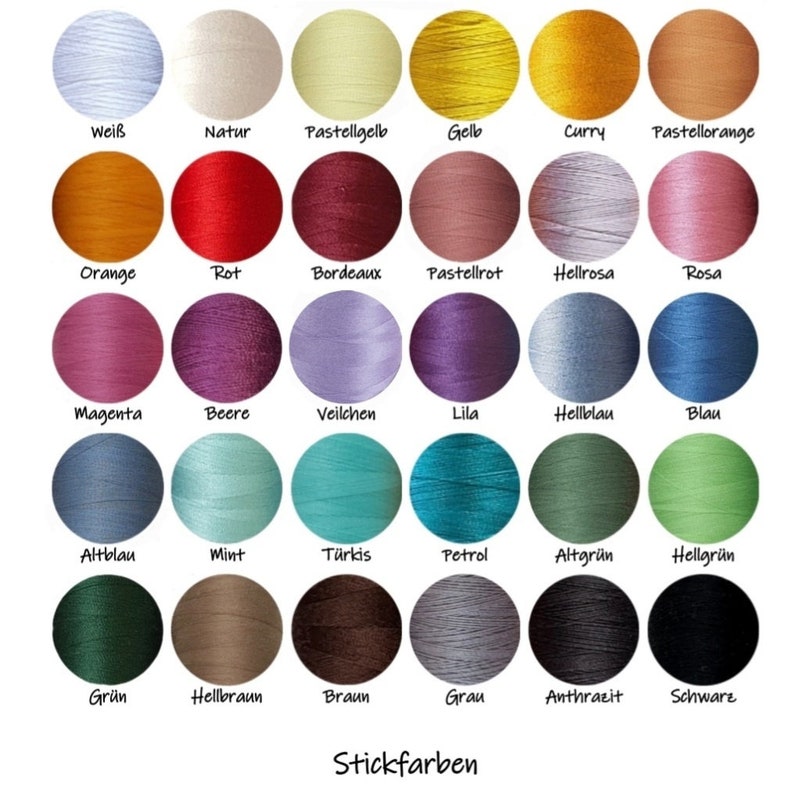 May include: A color chart displaying thirty circular spools of embroidery thread in various shades, including white, yellow, red, blue, green, brown, and black. Each spool is labeled with its corresponding German color name below it.