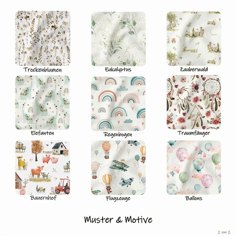 May include: A grid of nine fabric swatches featuring various patterns including dried flowers, eucalyptus leaves, forest animals, elephants, rainbows, dreamcatchers, farm scenes, airplanes, and balloons, labeled with text including Muster & Motive.