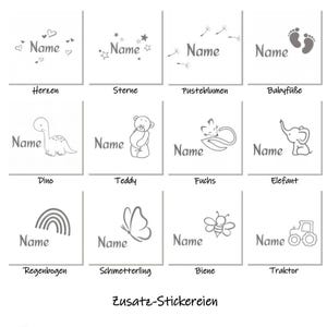 May include: A grid of twelve white squares featuring gray line art designs and the word Name. Icons include hearts, stars, dandelions, baby footprints, a dinosaur, teddy bear, fox, elephant, rainbow, butterfly, bee, and tractor. Text reads Zusatz-Stickereien.