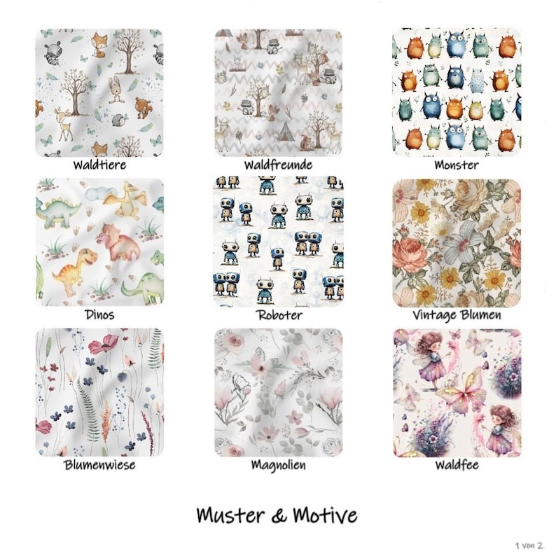 May include: A grid of nine fabric swatches featuring various patterns including forest animals, monsters, dinosaurs, robots, vintage flowers, wildflowers, magnolias, and forest fairies. Each square is labeled with text such as Waldtiere, Waldfreunde, Monster, Dinos, Roboter, Vintage Blumen, Blumenwiese, Magnolien, and Waldfee.