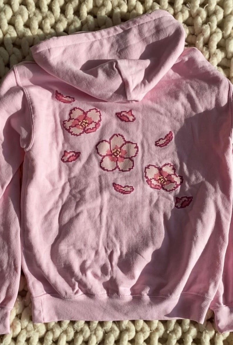 Cherry Blossom Pixel Art Hoodie, Gamer Girl Pink Sweater image 3