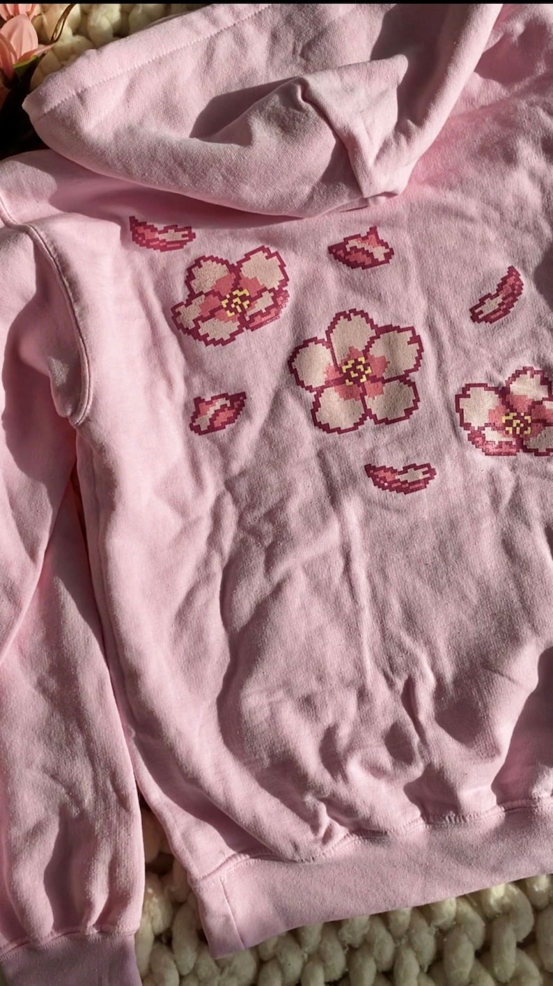 Cherry Blossom Pixel Art Hoodie, Gamer Girl Pink Sweater image 2