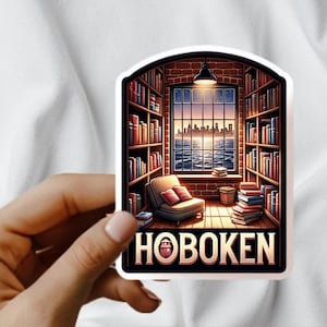 Sticker pour coin lecture Hoboken | Vue sur la ligne d'horizon de New York | Esthétique du New Jersey | autocollant de voyage | Vinyle imperméable | Cadeau Kindle Safe