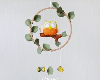 Felt Owl Baby Mobile, Blush Baby Room, Floral Mobile, Woodland Baby Mobile, Hanging Mobile Nursery, Felt Mobile for Boys