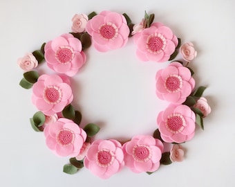 Pink Felt Flower Garland, Felt Floral Garland, Pink Birthday Decor, Floral Nursery Decor, Pink Nursery Floral Swag, Wedding Flower Garland