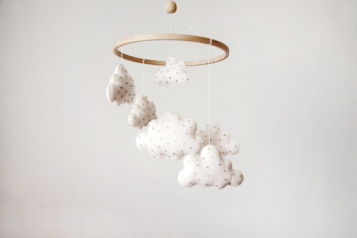 Clouds Mobile Nursery Felt Clouds Baby Mobile Gold Baby Etsy