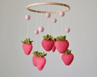 Felt Strawberry Baby Crib Mobile, Fruit Baby Mobile, Strawberry Nursery Decor, Hanging Mobile, Baby Girl Nursery Mobile, Summer Mobile