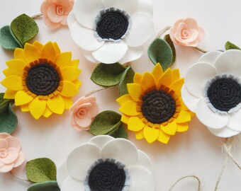 Orange felt sunflower & anemone garland, Flower garland felt, Sunflower nursery decor wedding Fall flower garland decor, Thanksgiving decor