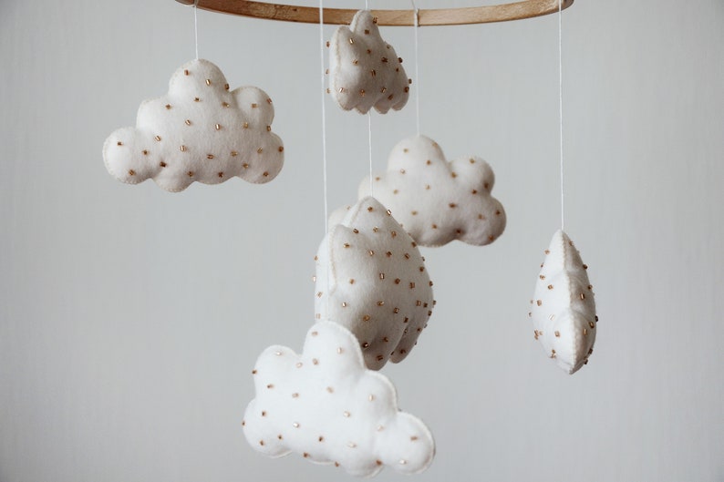 Clouds Mobile Nursery Felt Clouds Baby Mobile Gold Baby Etsy