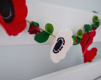 Red Poppy Felt Flower Garland, Felt Flower Nursery Decor Garland,  Felt Anemone Garland, Felt Floral Garland, Flower Wedding Garland