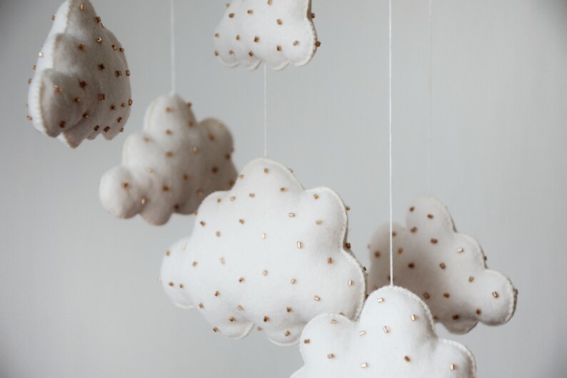Clouds Mobile Nursery Felt Clouds Baby Mobile Gold Baby Etsy