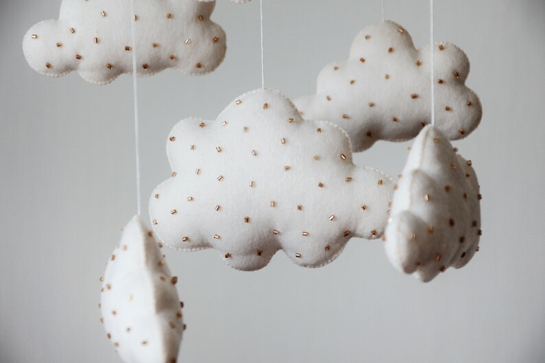 Clouds Mobile Nursery Felt Clouds Baby Mobile Gold Baby Etsy