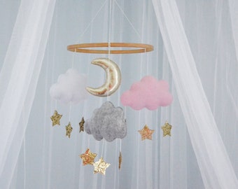 Clouds and Moon Baby Mobile, Clouds Mobile Nursery, Gold Stars Mobile, Clouds Mobil For Baby Girl, Moon Crib Mobile, Pink and White Mobile