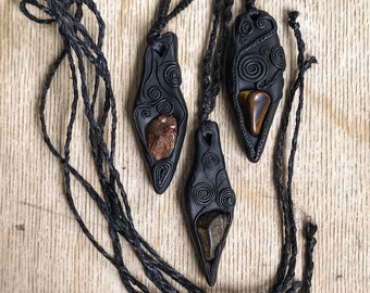 Black obsidian elvish yewelry. Dark folk pendant Dark elvish pendant Celtic pendant