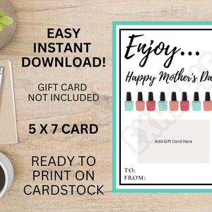 Mother&#39;s Day Gift Card Holder, Printable Mother&#39;s Day Card, Quick Print Mother’s Day, Instant Download, Nail Polish, Spa
