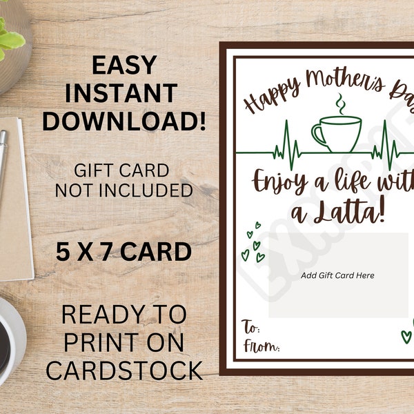 Mother's Day Gift Card Holder, Printable Mother's Day Card, Quick Print Mother’s Day, Instant Download, Coffee, Starbucks, Coffee