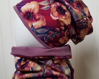 Set beanie hat + loop scarf set size 40 45 47 50 52 57 cm girls hat children's hat flowers burgundy old purple jersey hat tiger lion
