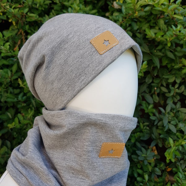 Reversible beanie hat + loop scarf set size 40-60 cm women's hat children's hat men's beanie light gray mottled jersey hat tiger-lion