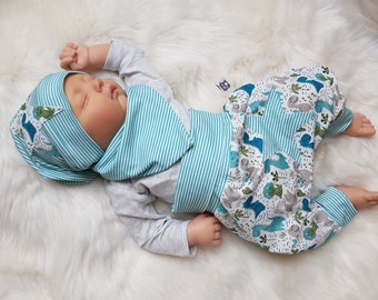 Babyset Pumphose Halstuch und Beaniemütze mit Dino Muster petrol mint blau weiß Erstlingsset