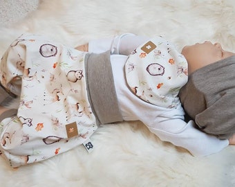 Baby-Set Pumphose+Halstuch+Beanie-Mütze  Gr.50,56,62,68,74,80,86,92 Geburts-Geschenk Junge Mädchen Handmade Erstlingsset Babyhose Waldtiere