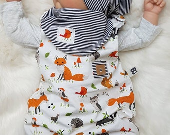 Set romper + beanie hat + scarf, size 50/56/62/68/74/86 forest animal fox boy girl first set tiger-lion birth gift