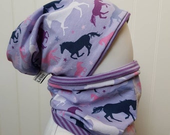 Reversible beanie hat + loop scarf set size 40,45,47,49,51,52,54,55-57 cm girls hat children's hat purple horse pattern jersey hat tiger-loewe