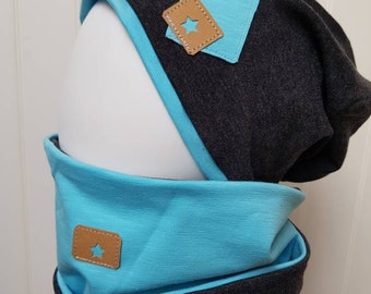 Reversible beanie hat + loop scarf set size 40-60 cm women's hat children's hat men's beanie turquoise anthracite jersey hat tiger-lion