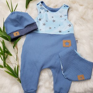 Set romper with beanie hat and scarf size 50/56/62/68/74/86 blue stars boys girls first set tiger lion birth gift image 8