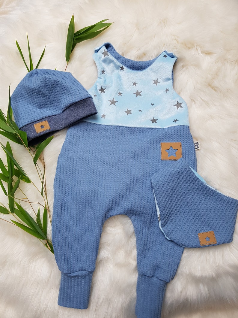 Set romper with beanie hat and scarf size 50/56/62/68/74/86 blue stars boys girls first set tiger lion birth gift image 8