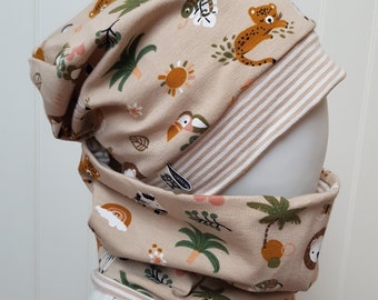 Beanie hat + loop scarf set size 49,51,52,54,55-57 cm girls hat children's hat beige animals transition hat jersey hat tiger-loewe