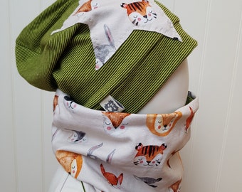 SET beanie hat + loop scarf set size 40-57 cm children's hat jersey hat green animal pattern transition hat boys hat tiger-lion
