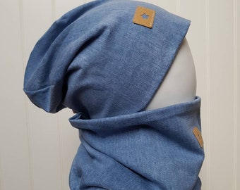 Beanie hat + loop scarf set size 40-60 cm women's hat children's hat men's beanie blue denim look jersey hat tiger-loewe