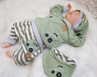 Babyset Pullover Pumphose Beanie-Mütze Halstuch Erstlingsset Gr 50 56 62 68 Jungsset Traktor getigerter-loewe Sweathose Jersey olive weiß