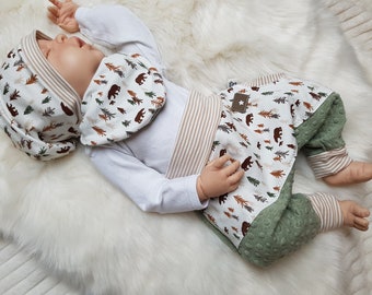 Baby set pump pants scarf and beanie hat with stars old green mint brown first set tiger-lion birth gift