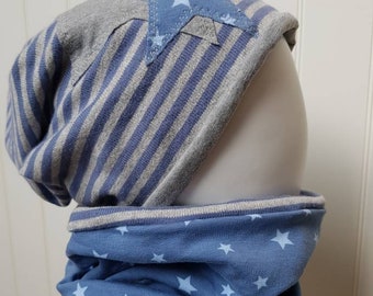 Beanie hat + loop scarf set size 40,45,47,49,51,53-57 cm boys hat children's hat stars blue gray jersey hat transition hat tiger lion