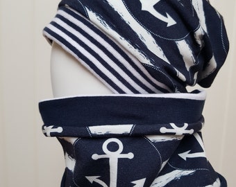 Beanie hat + loop scarf set size 40-57 cm boys hat children's hat stars maritime anchor blue and white, sweat hat tiger lion