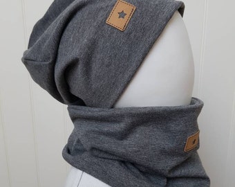 Reversible beanie hat + loop scarf set size 40-60 cm women's hat children's hat men's beanie medium grey mottled jersey hat tiger-lion