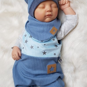 Set romper with beanie hat and scarf size 50/56/62/68/74/86 blue stars boys girls first set tiger lion birth gift image 3