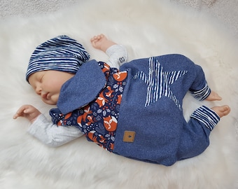 Set romper with beanie hat and scarf size 50/56/62/68/74/86 boy girl fox blue first set tiger-lion birth gift