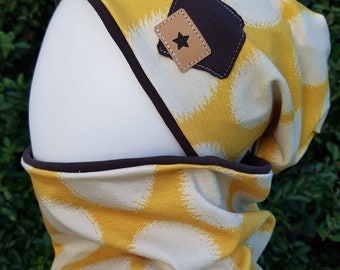 Reversible beanie hat + loop scarf set size 40-57 cm boys hat children's hat jersey hat mustard yellow-brown tiger lion girls hat, women's hat