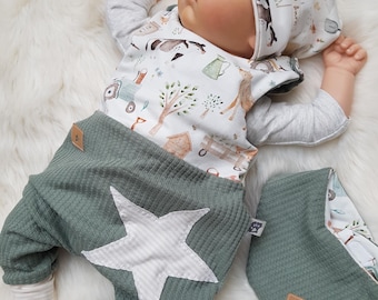 Set Strampler mit Beaniemütze Halstuch Gr.50/56/62/68/74/86 mint Farm Bauernhof Mädchen Junge Erstlingsset getigerter-loewe Geburtsgeschenk