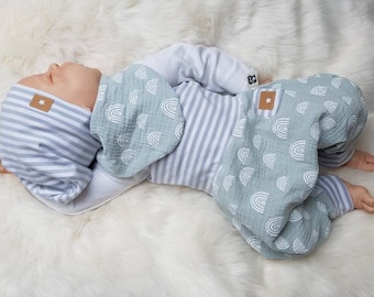 Babyset Pumphose Halstuch und Beaniemütze mit Regenbogen Mint Erstlingsset